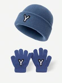 2 Stück Kinder gestrickte Mützen Set mit 26 Buchstaben, weiche warme windabweisende Handschuhe, geeignet für 3-8 jährige Mädchen und Jungen für den täglichen Gebrauch im Herbst und Winter.