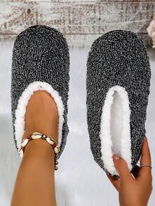 秋冬季女士毛绒高端毛皮拖鞋，室内装，时尚平底软底鞋 - 深灰色 - 查看 2