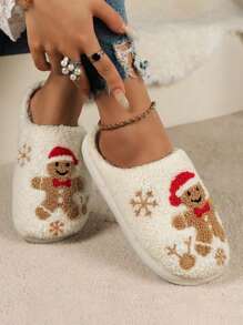 Pantufas Casuais Internas Fechadas, Macias e Quentes, com Bordado de Boneco de Gengibre e Floco de Neve de Natal Femininas, Outono/Inverno