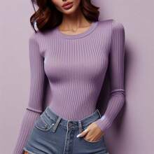 Women's Ribbed Long Sleeve Round Neck Slim Fit T-Shirt - 紫丁香色 - 查看 2