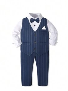 2024 New Gentleman Suit For Young Boys, 4pcs Set: White Shirt + Striped Vest + Pants + Bow Tie, Academy Style Boys Wedding/Formal Occasion Outfit