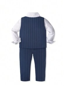 2024 New Gentleman Suit For Young Boys, 4pcs Set: White Shirt + Striped Vest + Pants + Bow Tie, Academy Style Boys Wedding/Formal Occasion Outfit