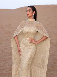 Faeriesty SHEIN X Hannahelzahed 华丽闪耀的珠饰亮片长裙，配披肩和鱼尾裙摆——高端定制，美人鱼礼服，明星同款红毯礼服，适合婚礼、盛大晚宴和名人派对。 - 香檳色 - 查看 10