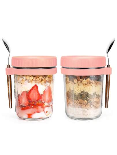 [1/2 Paquetes] Tarros de avena overnight de 16oz/500ml con cuchara y tapa, recipiente hermético para avena con marcas de medición, tarros de albañil con tapa para llevar cereales