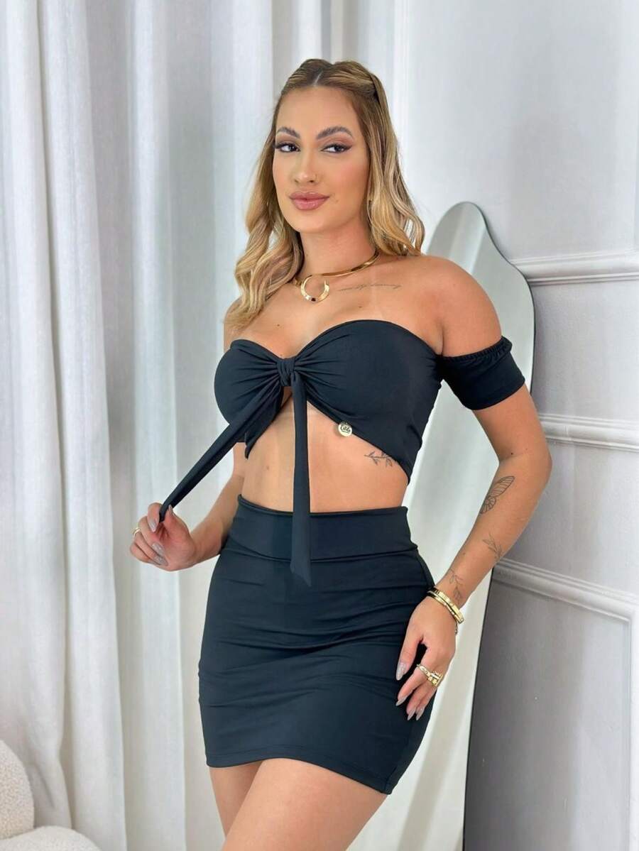 Cropped Set  Bow Top Strapless Polyamide Short Tight Skirt Summer Fashion - màu đen - Xem 1