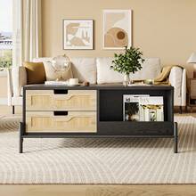 Rattan Coffee Table With Led Lights, Mid Century Modern Coffee Table With 4 Drawers And Open Storage Shelf, Wooden Living Room Table, Farmhouse Coffee Table For Living Room - 黑色 - 查看 8