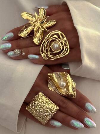 1/4 قطعة خاتم مزخرف معدني هندسي مموّج ذو زوايا متوسعة بلمسة جمالية عتيقة، خاتم انتفاخ معياري فريد من نوعه متناسق غير متماثل من السبائك المطلية بخرز اصطناعي، مناسب للنساء في الأعياد والمناسبات والمواعيد واليوميات والهدايا