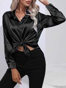 Áo kiểu nữ dáng suông cổ bẻ cài nút, chất liệu giả lụa satin, màu đen trơn, tay dài, thanh lịch, thích hợp cho mùa xuân. - màu đen - Xem 4