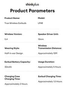 Lenovo Lenovo LP48 Bluetooth Earphones, Half In-Ear, Super Long Battery Life, Large Dynamic Driver, Surround Sound, 5.4 Low Latency, High-Quality Audio For Gaming, Music, Sports, Running, Calls, Minimalist Wireless Earbuds For Smartphones, Tablets