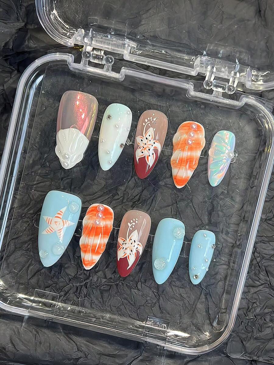 10pcs Glossy Blue Artificial Nails Finger With Pearls No Bad Smell  For Stage Performance Wear - Multicolor - View 1