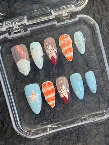 10pcs Glossy Blue Artificial Nails Finger With Pearls No Bad Smell  For Stage Performance Wear - Multicolor - View 3