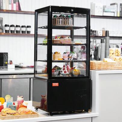 Refrigerated Display Case, 3 Cu.Ft./85L Countertop Pastry Display Case, 3-Tier Commercial Display Refrigerator With LED Lighting, TURBO Cooling, Frost-Free Air-Cooling, Locked Door For Bakery
