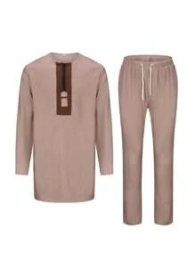 男士设计师服装长袖圆领拼色衬衫和运动裤 2 件套男士服装元素男士西装