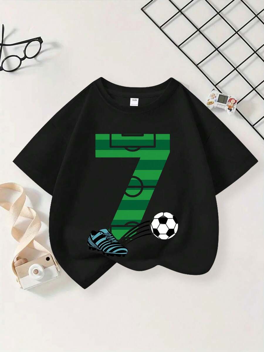 Young Boy Cool Street Fashionable Soccer Print Round Neck T-Shirt For Summer - Black - View 1