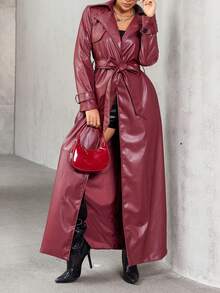 TSUTAYA 纯色翻领系带前开长款 PU 皮革风衣