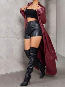 TSUTAYA 纯色翻领系带前开长款 PU 皮革风衣