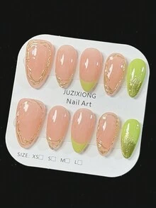 10 件手工制作杏仁形绿色法式裸色镜面粉彩优雅简约精致假指甲 - 彩色 - 查看 6