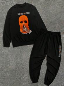 2pcs Casual Print Sweatshirt & Pants Set For Men - Black - View 3