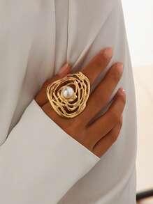 Nocturel 1/4pcs Vintage Fashion Exaggerated Metallic Geometric Wavy Crinkle Faux Pearl Rings, Unique Sweet Punk - Yellow Gold - View 14