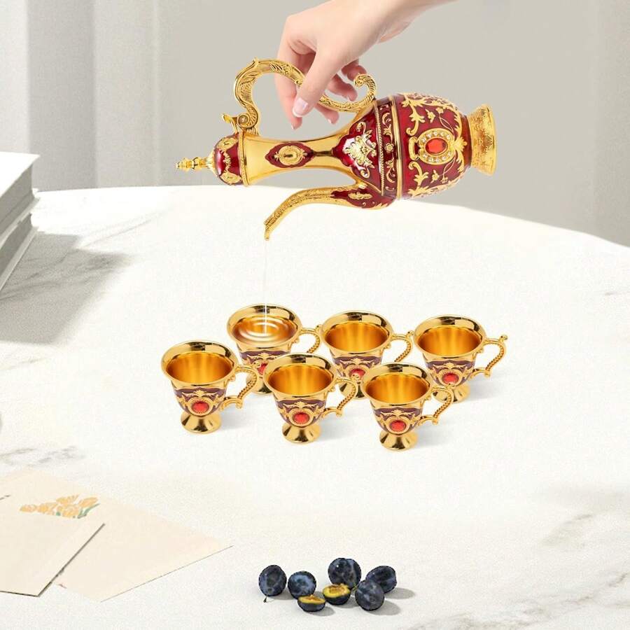 CNCEST Antique Turkish Tea Set, Vintage Turkish Coffee Set With Pot And 6 Cups For Home Decor/Birthday/Christmas/Housewarming & Wedding (Red / Blue) - Red - View 1