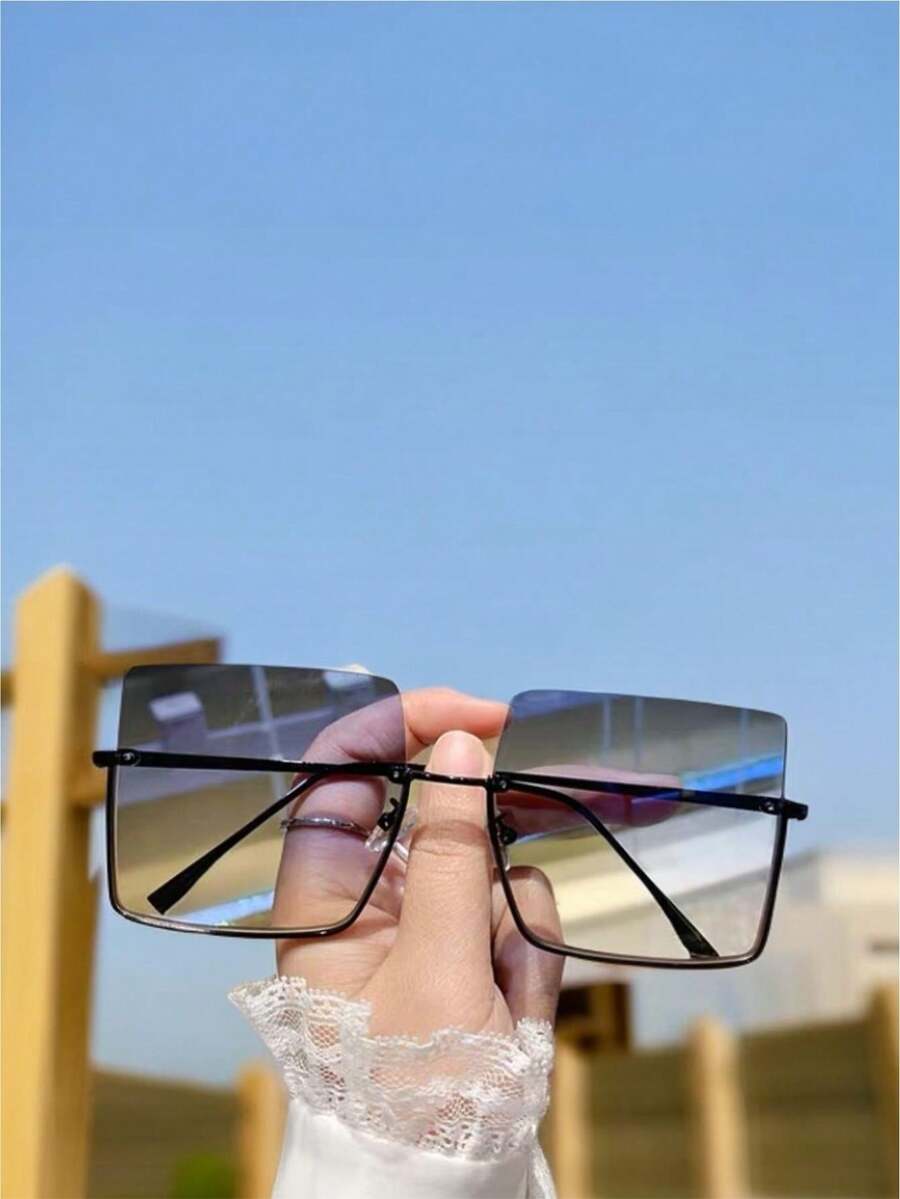 New Square Frameless Metal HalfRim Retro Trendy Big Frame Ocean Lens