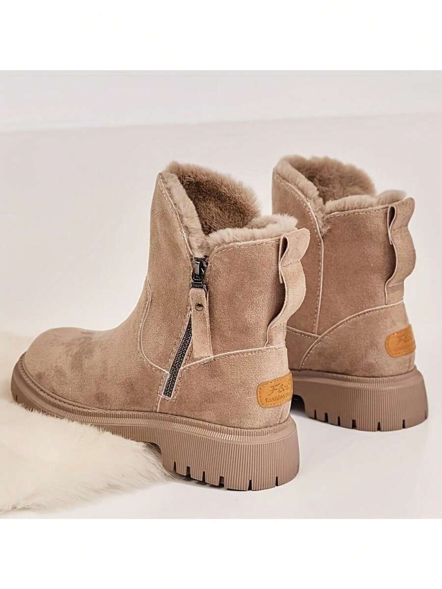 Botas de tobillo con suela gruesa para mujer, botas con cremallera lateral y forro esponjoso, cómodas botas de invierno, color marrón, talla pequeña media, botas de piel, botas para la nieve