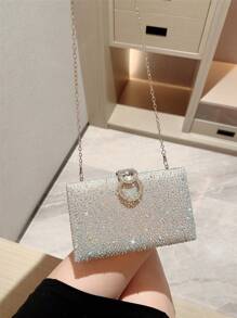1 件闪亮水钻盒式手拿包晚宴包，奢华闪亮钻石正式派对钱包，优雅新娘婚礼舞蹈手提包，链条斜挎包 - 銀色 - 查看 8