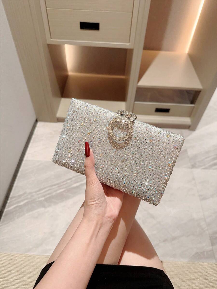 1 件闪亮水钻盒式手拿包晚宴包，奢华闪亮钻石正式派对钱包，优雅新娘婚礼舞蹈手提包，链条斜挎包 - 銀色 - 查看 1