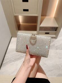 1 件闪亮水钻盒式手拿包晚宴包，奢华闪亮钻石正式派对钱包，优雅新娘婚礼舞蹈手提包，链条斜挎包 - 銀色 - 查看 4