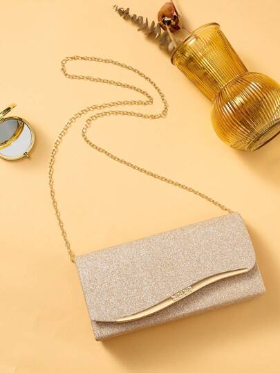 1 件时尚韩式女士金属边优雅手拿包，磁扣单肩包/手提包，缎面面料，适合晚礼服