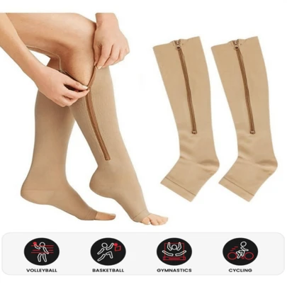 运动户外 1 双女士露趾压缩袜，侧拉链及膝袜，运动舒适，预防静脉曲张袜，贴身袜子