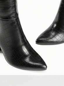 Women's Chunky Heel Pointed Toe Knee High Boots Side Zipper  Tall Boots For Women Fashionable Solid Color Long Boots - 黑色 - 查看 6