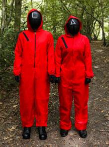 Red Jumpsuit With Hood Costume Squid Guard Game Fancy Dress For Men And Women Korean Costume Halloween TV Show Character Red Jumpsuit With Black Gloves And Circle / Triangle / Square Mask - Costume with Square Mask - View 2