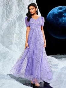 UNITHORSE Váy dạ hội thanh lịch cổ chữ V đính hạt thủ công, đính sequin, thêu, váy dạ hội trang trọng, dành cho khách dự tiệc cưới, tốt nghiệp, tiệc tối - Màu tím - Xem 3