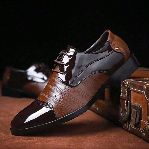 New Business Casual Shoes For Men, Glossy Pointed Toe Lace-Up Formal Dress Shoes