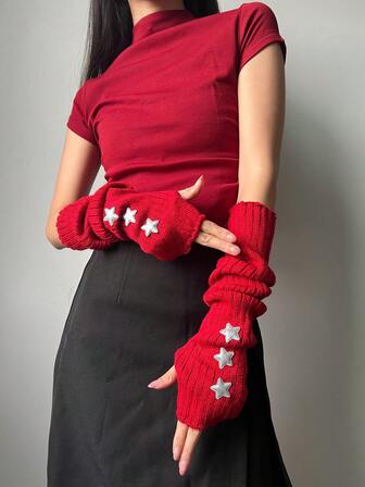 1 Pair Women's Warm Star Arm Warmers, Knitted Fingerless Gloves, Suitable For Christmas Gifts, Y2K Streetwear, Fairycore Style, For Daily Use, Christmas, Halloween