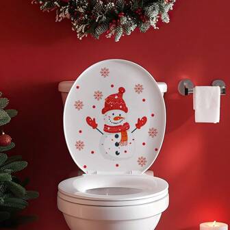 1 件圣诞雪人与雪花图案马桶贴纸，卧室、浴室、圣诞节装饰墙贴