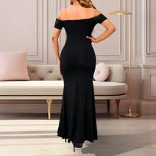 Vestido De Dama Elegante De Hombros Descubiertos y Abertura Lateral". - Negro - Ver 2