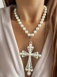 1pc Women's Fashion Beaded Oversized Cross Pendant Necklace, Minimalist Style Suitable For Daily Commute And Various Occasions - Multicolor - View 14