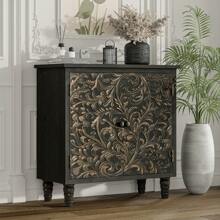 COZAYH Farmhouse 3 Drawer Dresser With Embossed Flower Leaf Motif Front, Distressed Boho Nightstand, Almost Fully Assembled, Rustic, French Country, Weathered White, Natural & White, Black - 門前儲物櫃黑色 - 查看 6