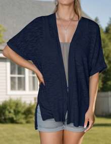Womens Lightweight Cardigan Short Sleeve Open Front Casual Loose Cover Ups - Navy Blue - View 1