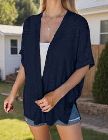 Womens Lightweight Cardigan Short Sleeve Open Front Casual Loose Cover Ups - Navy Blue - View 5