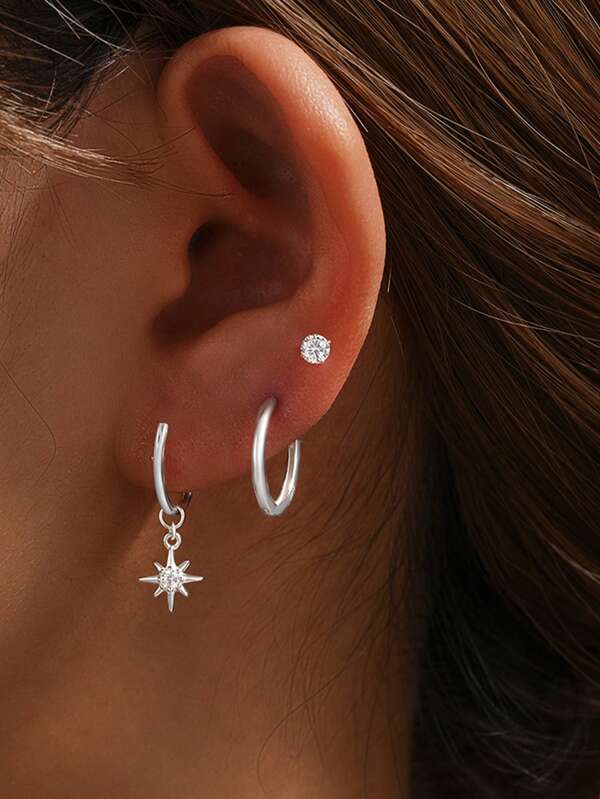3 Stück Achtspitziger Stern-Anhänger 925 Sterling Silber Ohrring für Frauen Hängeohrring 18 Karat Gold Geeignet für Verlobung Brautschmuck Feinschmuck