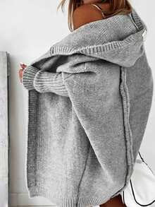 Apperloth A 休闲超大纯色秋冬季蝙蝠袖超宽松连帽针织开衫毛衣外套 - 灰色 - 查看 2