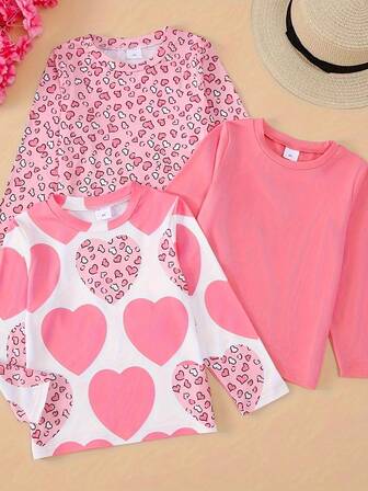 3 件装年轻女孩休闲心形图案长袖 T 恤套装，秋季