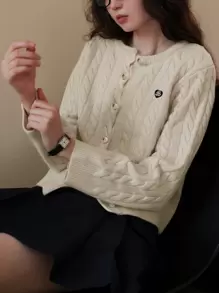 女士圆领休闲简约针织开衫 - 米色 - 查看 4