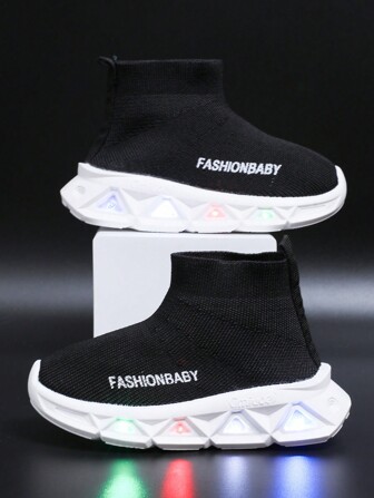 男女通用 LED 发光婴儿时尚袜子鞋，针织透气舒适一脚蹬运动鞋，适合男孩和女孩户外活动