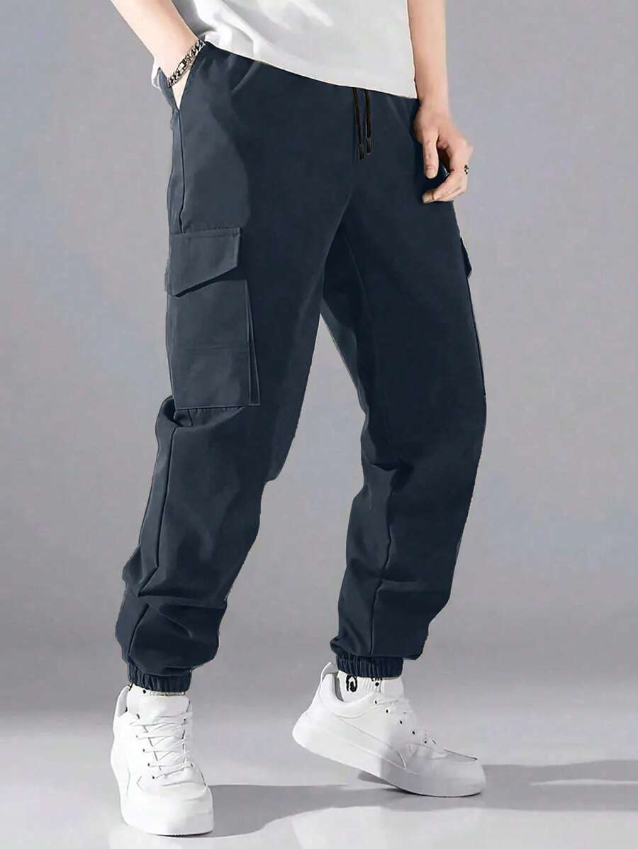 Tween Boy Fashion Casual Drawstring Waist Cargo Pants - Navy Blue - View 1