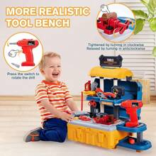 Juego de banco de herramientas de juguete para niños, banco de trabajo para niños pequeños con taladro eléctrico y herramientas realistas, juguete para taller de construcción para niños y niñas de 3 a 6 años, regalo ideal para Navidad, cumpleaños y Año Nuevo - Multicolor - Ver 1