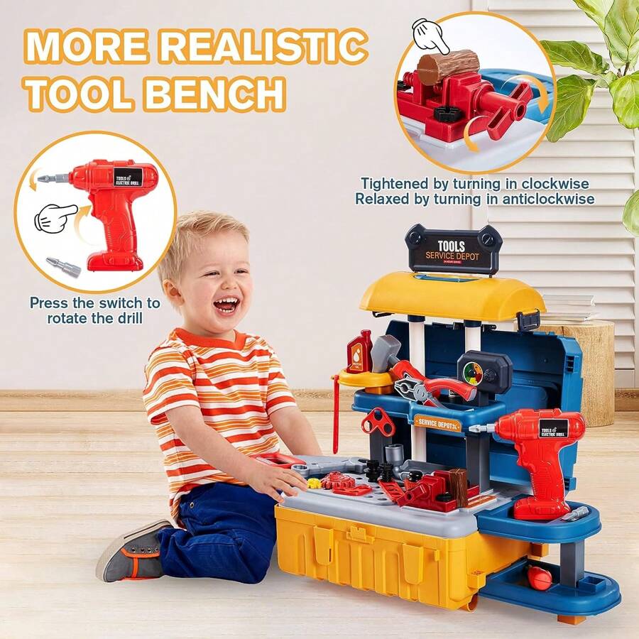 Juego de banco de herramientas de juguete para niños, banco de trabajo para niños pequeños con taladro eléctrico y herramientas realistas, juguete para taller de construcción para niños y niñas de 3 a 6 años, regalo ideal para Navidad, cumpleaños y Año Nuevo - Multicolor - Ver 1
